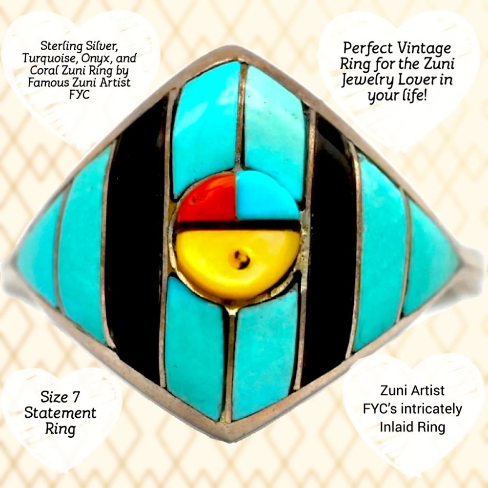 VINTAGE ZUNI STERLING SILVER TURQUOISE INLAY RING By FYC Zuni SIZE 7